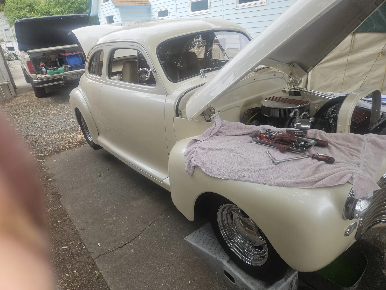 1941 Chevrolet Special Deluxe with the hood open during a full rewire by James L. Root III in Spokane, Washington