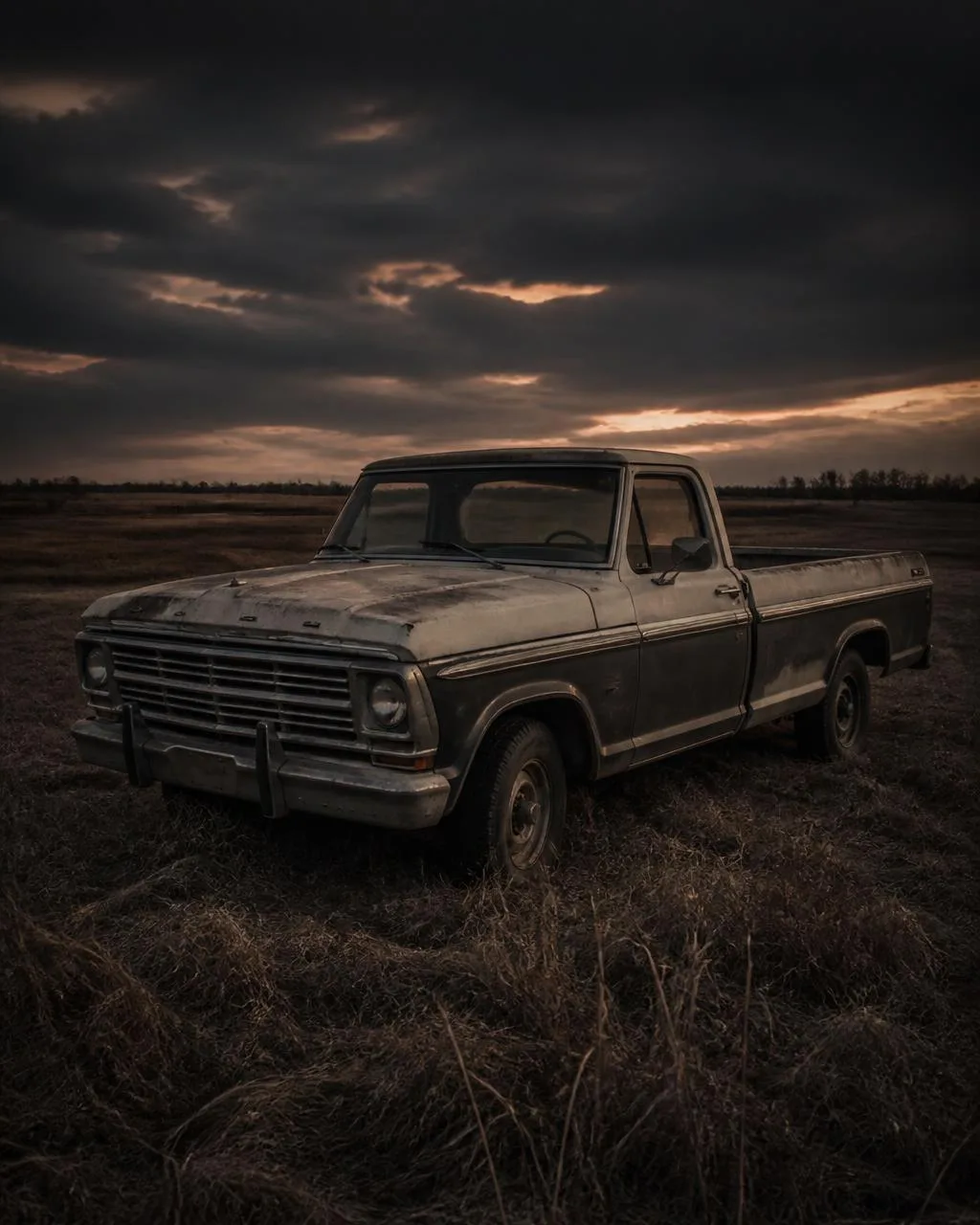 Weathered pickup truck parked in an open field at dusk