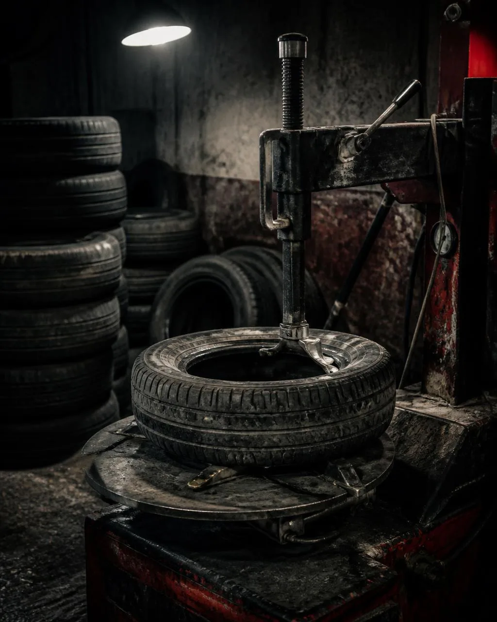 Tire being broken down on an old tire machine in a dim shop
