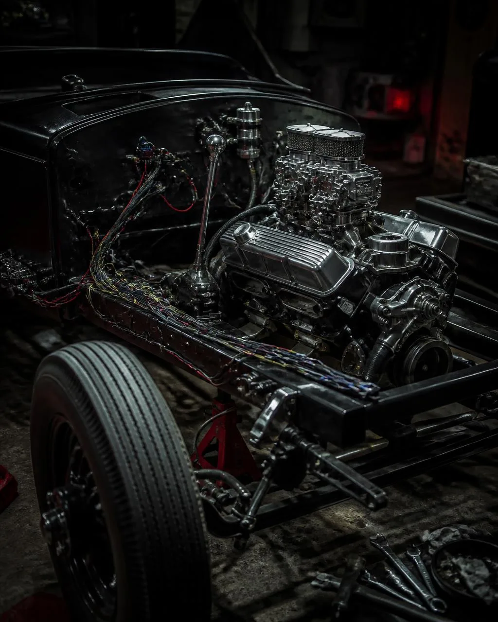 Bare hot rod chassis with exposed wiring under construction in a dark garage