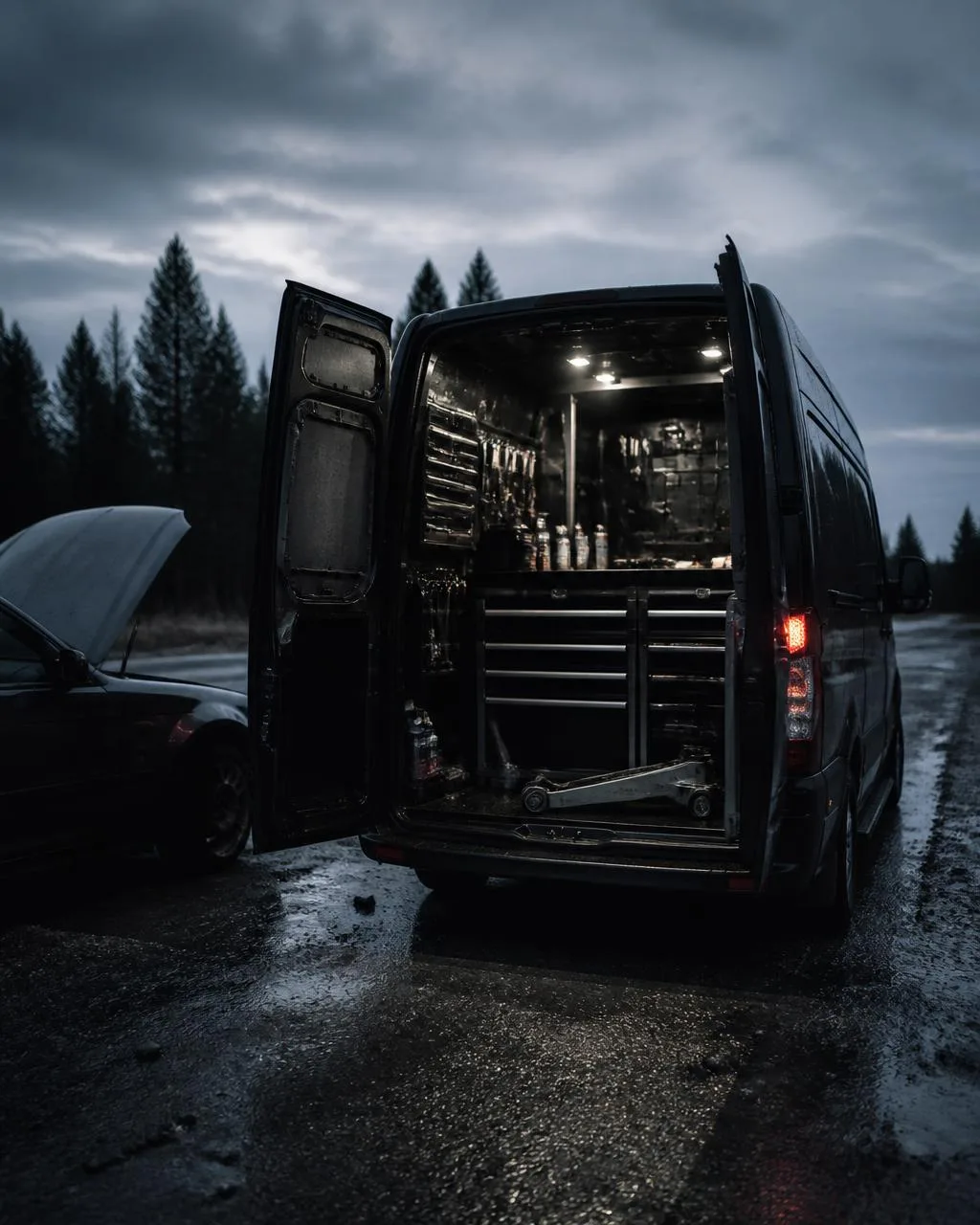 Mobile mechanic service van open at the roadside at dusk with tools inside