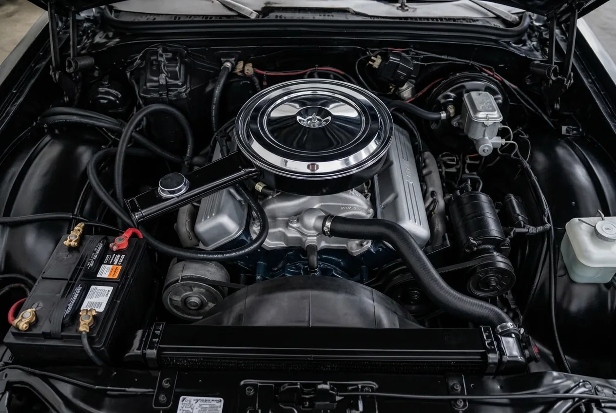 Clean, serviced engine bay after repair and detailing