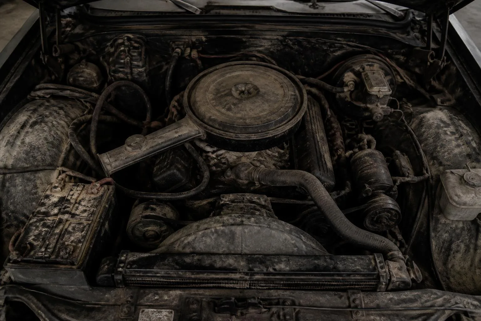 Neglected, grease covered engine bay before repair