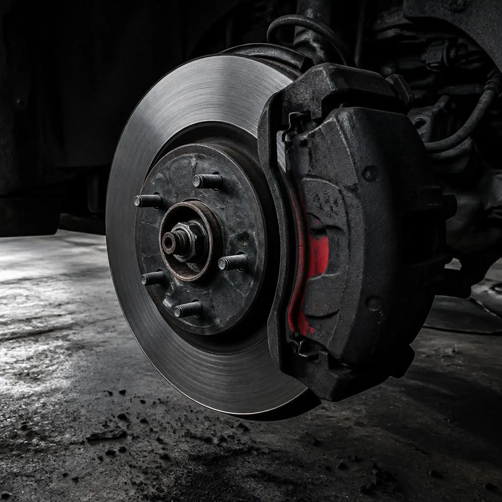 Disc brake rotor and caliper with the wheel removed
