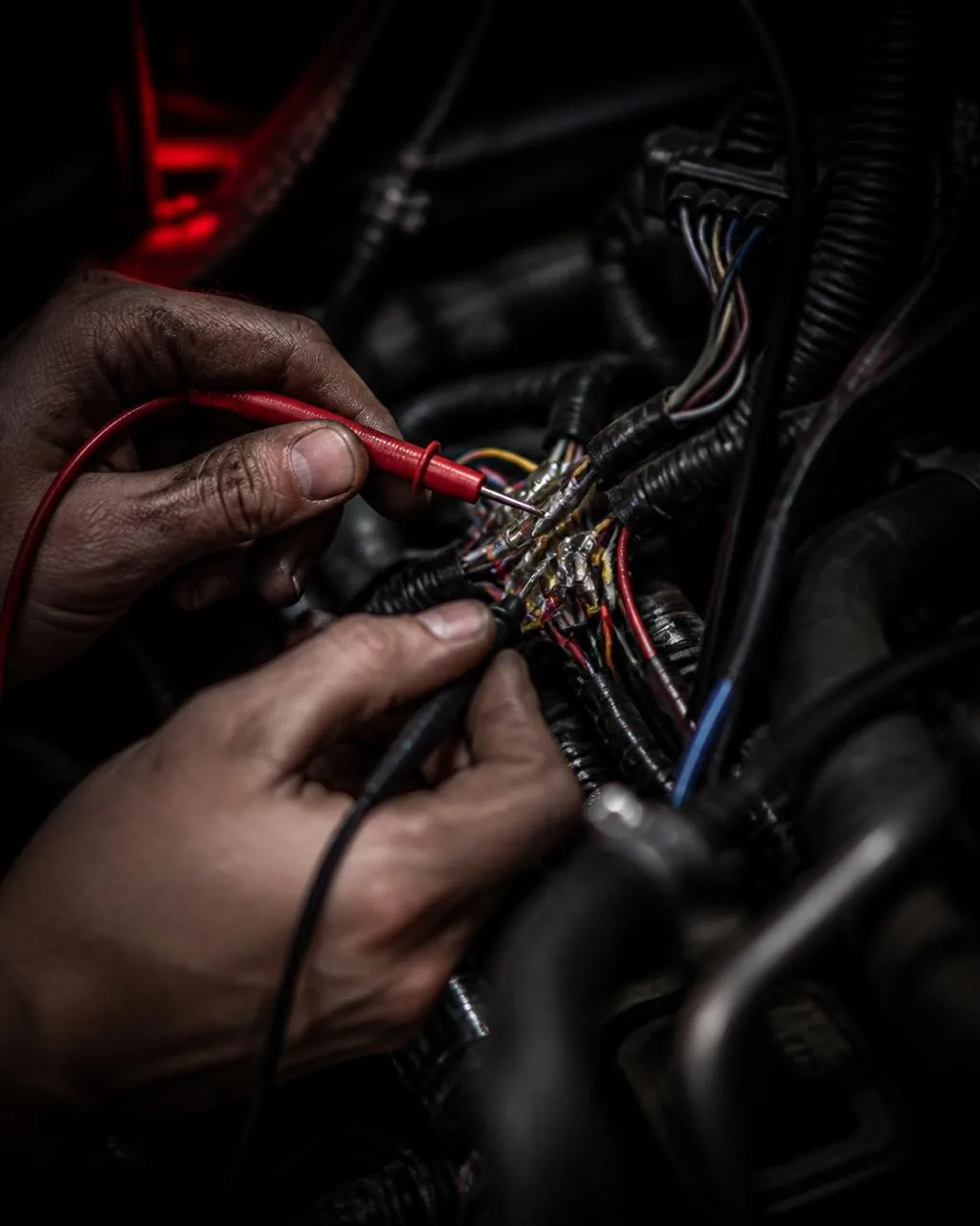 Hands testing an automotive wiring harness with meter leads